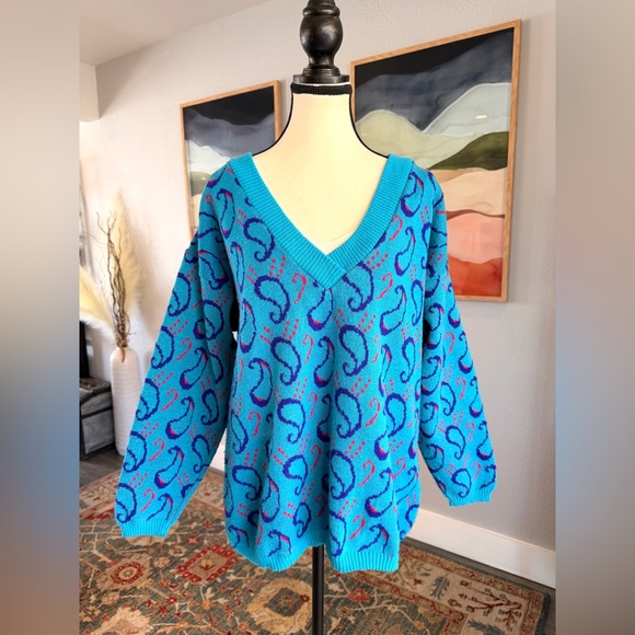 Vintage 80s Vibrant Teal Paisley V-Neck Sweater - Picture 2 of 8